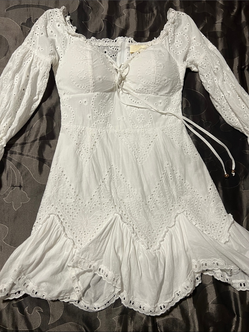 Lizette Collection White Eyelet Mini Dress Lace Corset Ruffles Long Sleeves SM